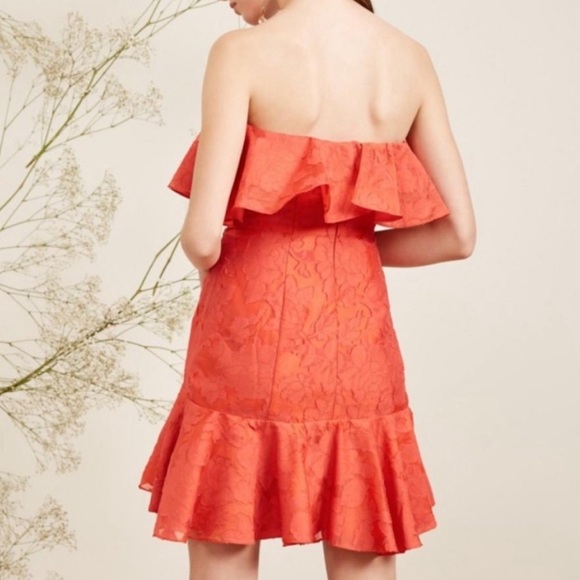 KEEPSAKE THE LABEL Red Ruffle Strapless Mini Dress Size Large Floral Jacquard - Picture 4 of 13